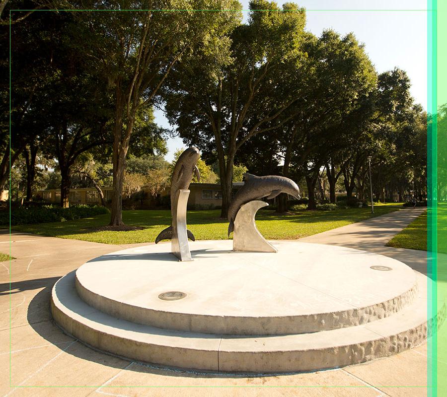 A sunlit picture of the dolphin statues behind the Howard Administration Building.